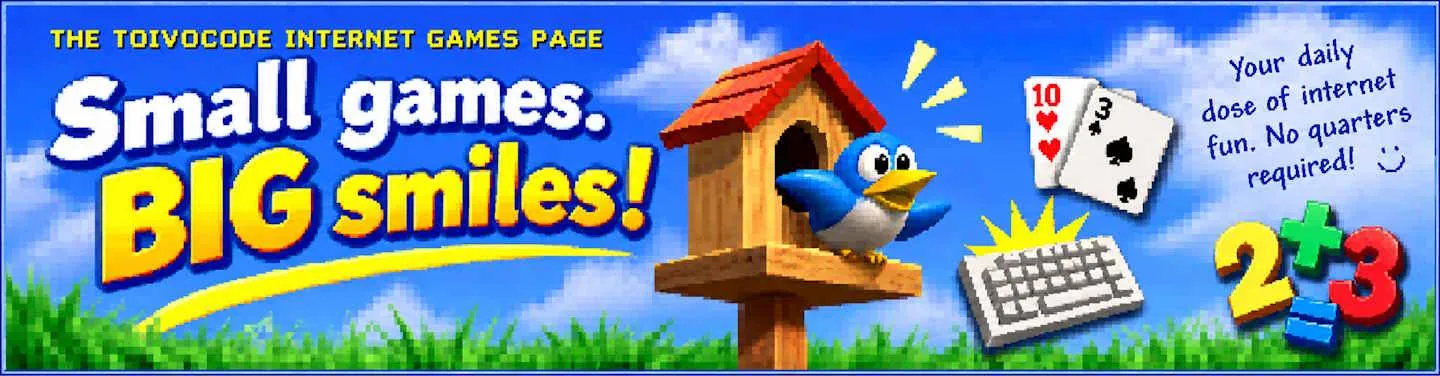 A blue bird at its birdhouse, playing cards, a keyboard and colorful numbers against a bright blue sky
