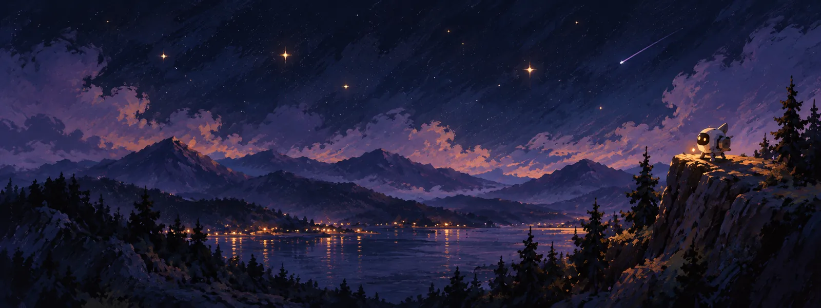 A painted night sky above mountains and a lake, with a little robot watching the stars