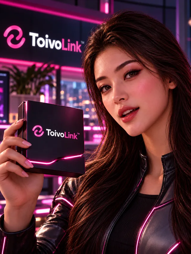 A woman holding a glowing ToivoLink package in a neon-lit showroom