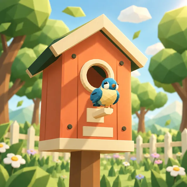 Little Homes pixel art icon with a blue bird in a bird house and flowers
